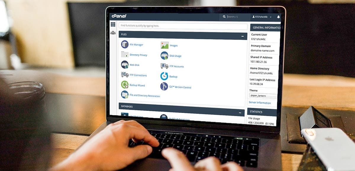cpanel web control panel interface on a laptop